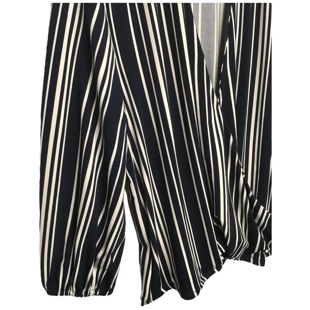 Adrianna Papell Faux Wrap Striped V Neck Career Blouse Blue L - Image 6