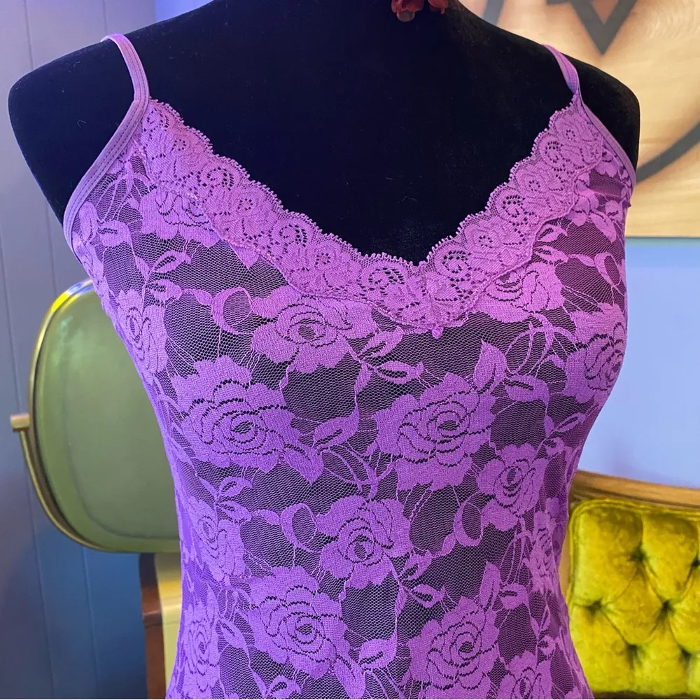 Y2K Purple Lace Lingerie Slip Dress – Sheer Floral Mini Size Medium - Image 2