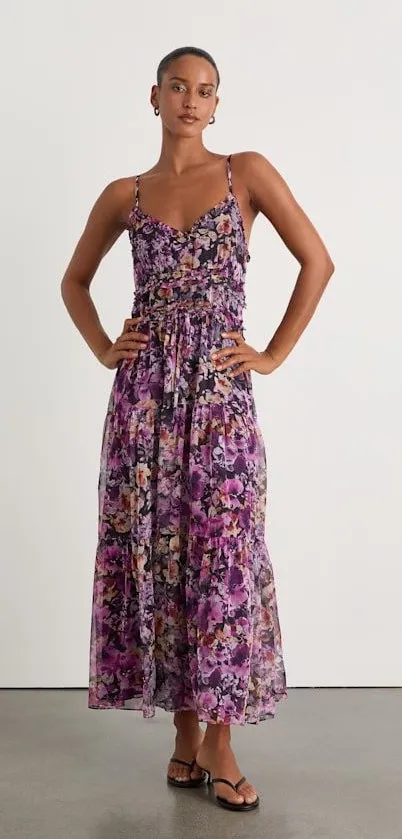 purple lulus dress Oh-So Stunning Purple Floral Organza Tiered Midi Dress