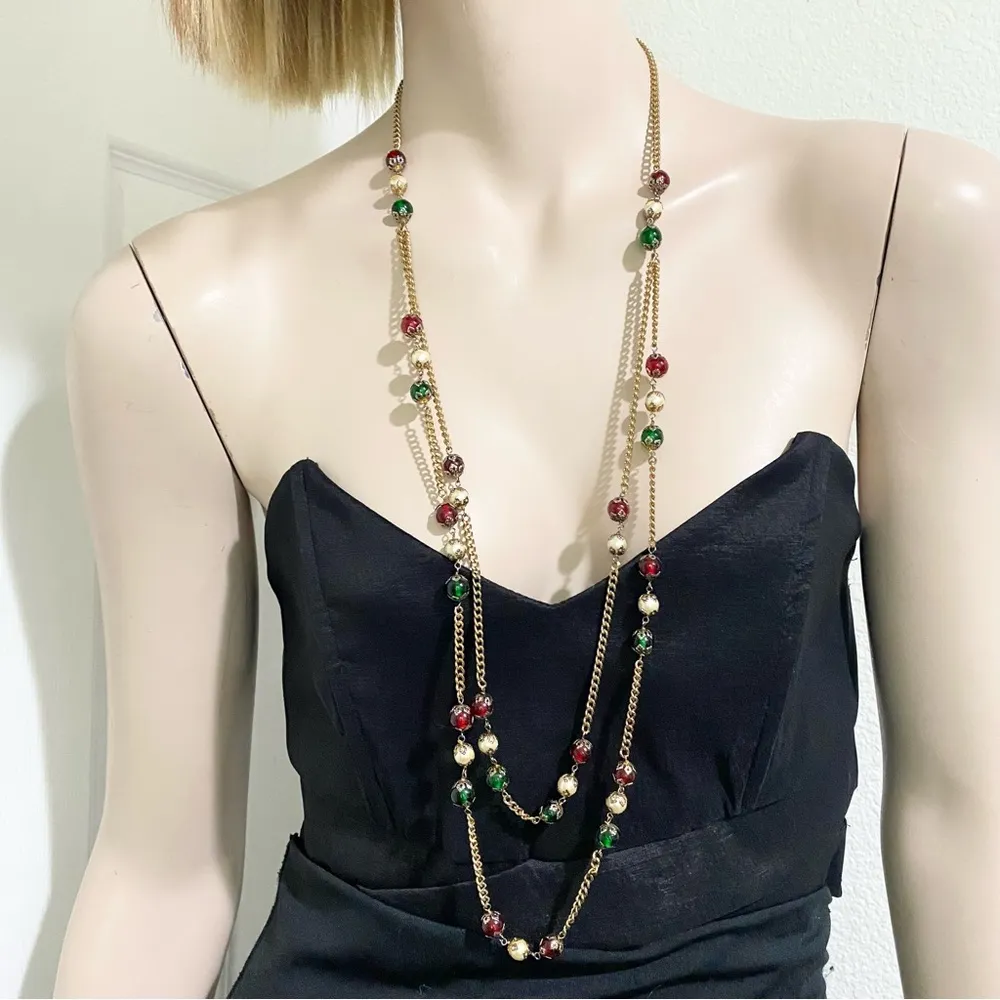 Handmade Red Green Beads Faux Pearl Gold - Image 2