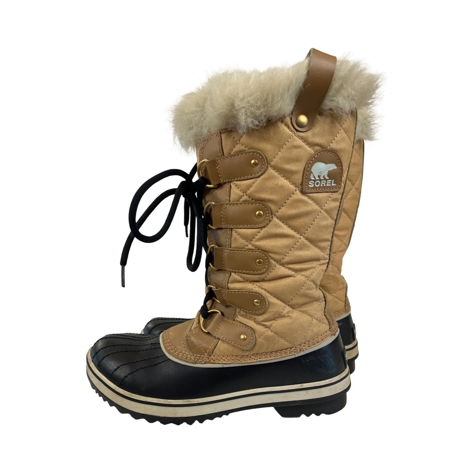 Sorel Joan Of Arctic Waterproof Winter Boots Quilted Faux Fur Tan Black 8 - Image 5