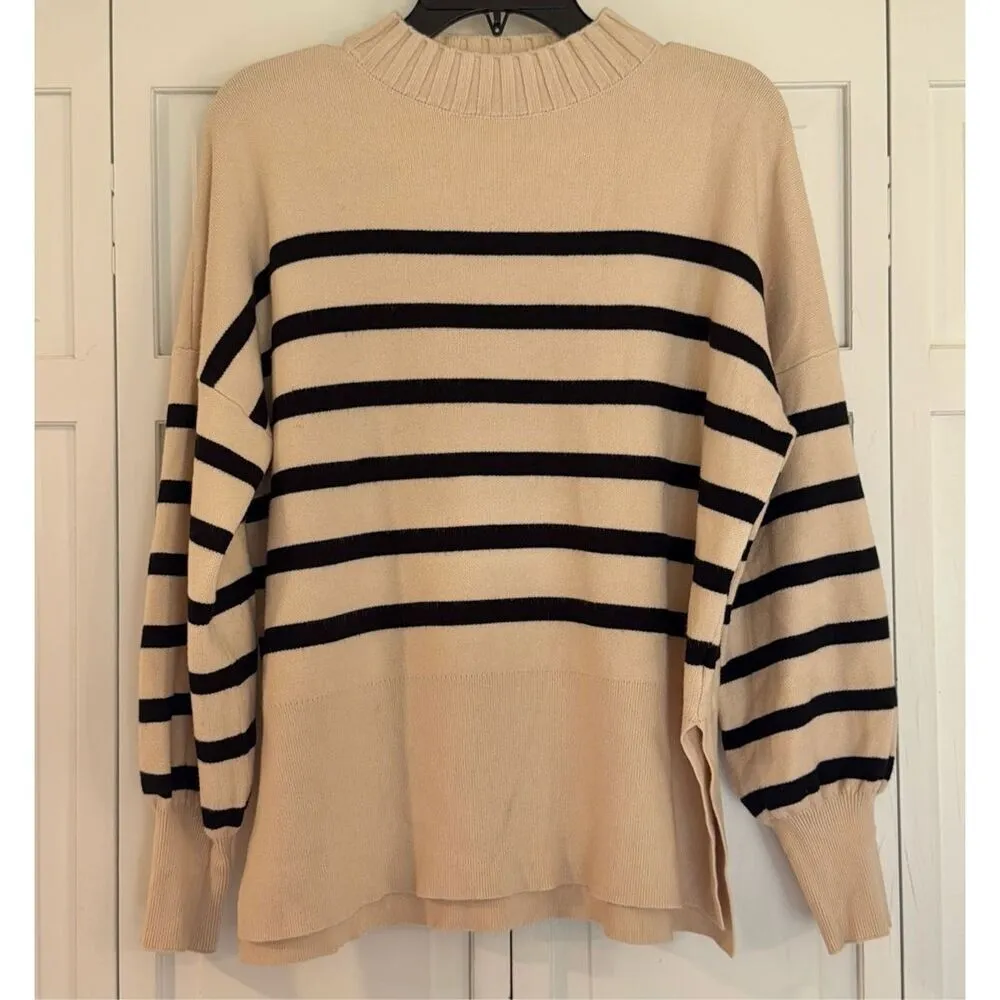 Amazon  cream striped mock neck oversized sweater M - Image 9