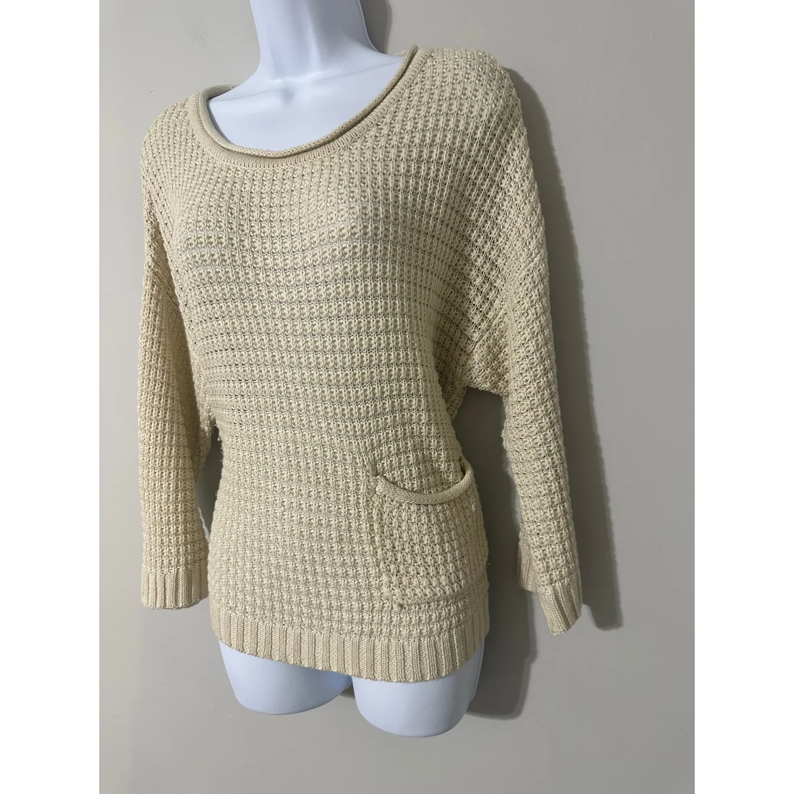 Missguided‎ Cream Waffle Knit Dolman Sleeve Sweater Top Small Pocket Cozy Size M - Image 2