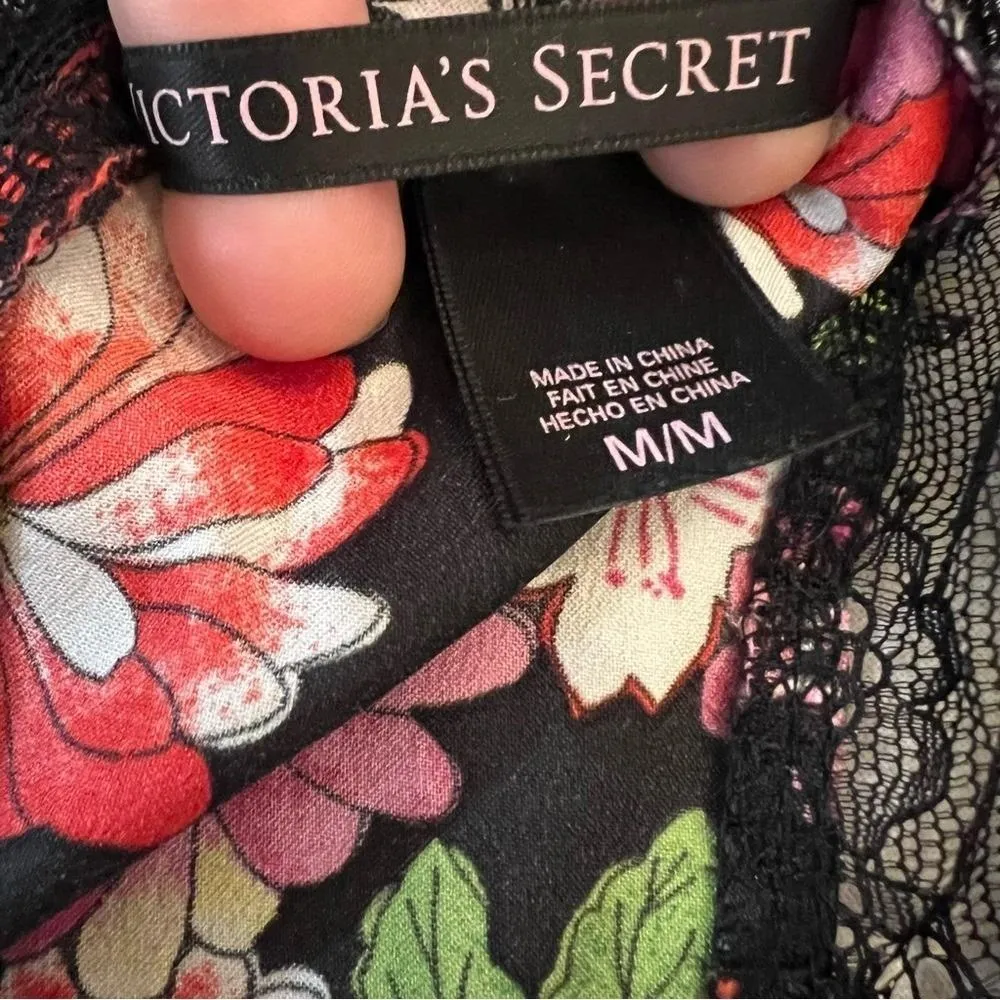 Vintage Victoria's Secret Floral Lace Babydoll Slip Dress Black Pink Red Med - Image 9