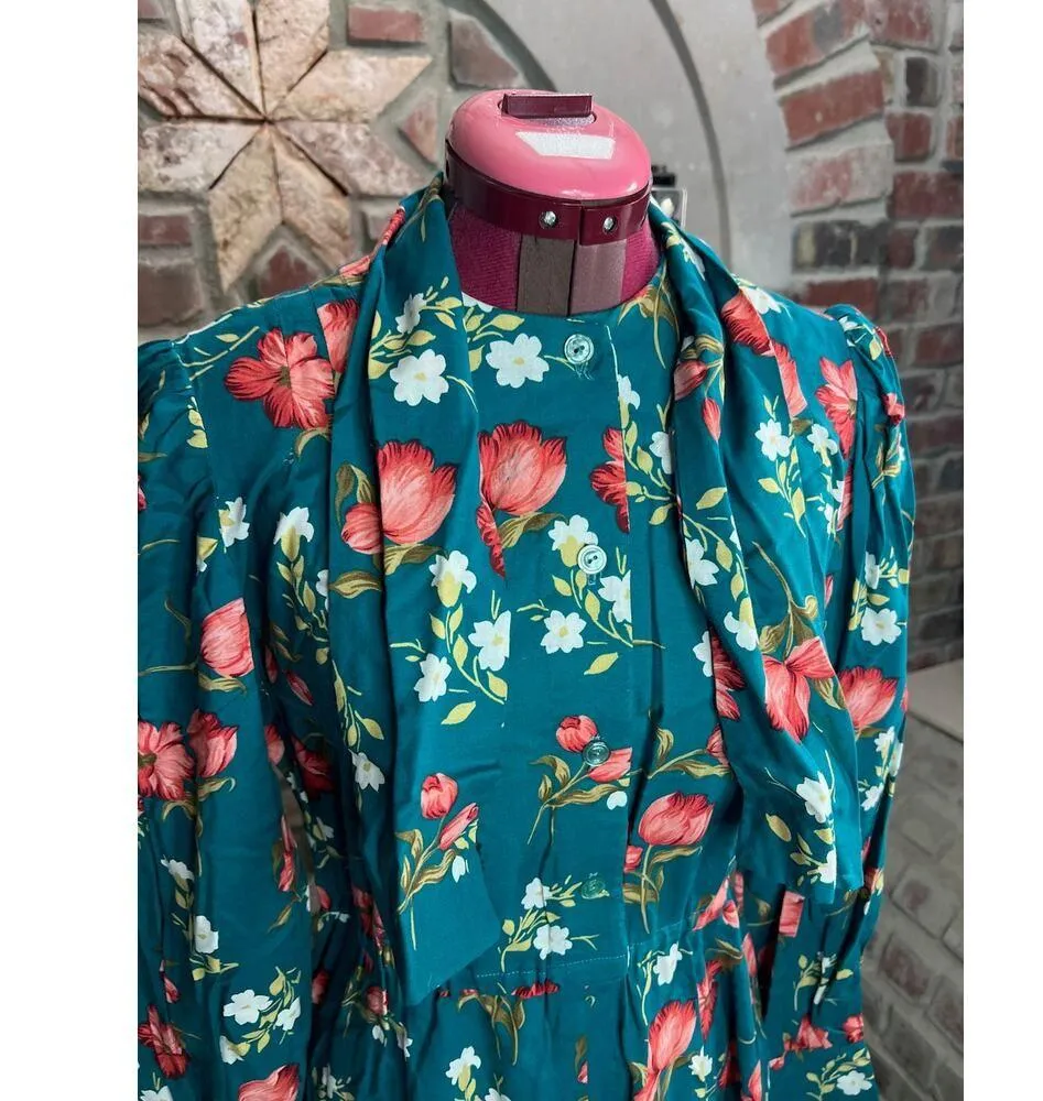 shirt dress kitten bow floral teal green white peach bespoke - Image 7