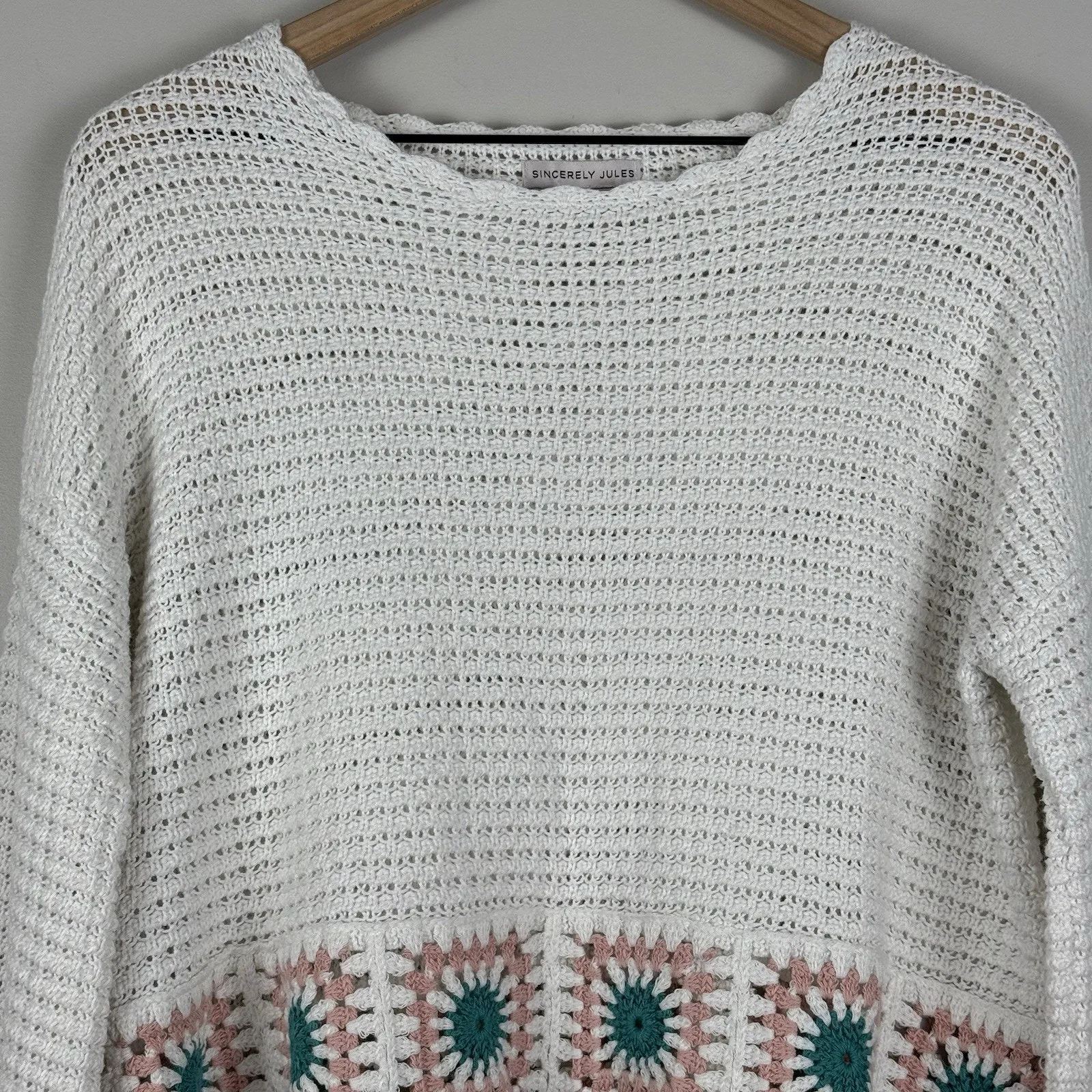 Sincerely Jules Crochet Sweater L Cream Long Sleeve Floral Patch Cottage Boho Size L - Image 3