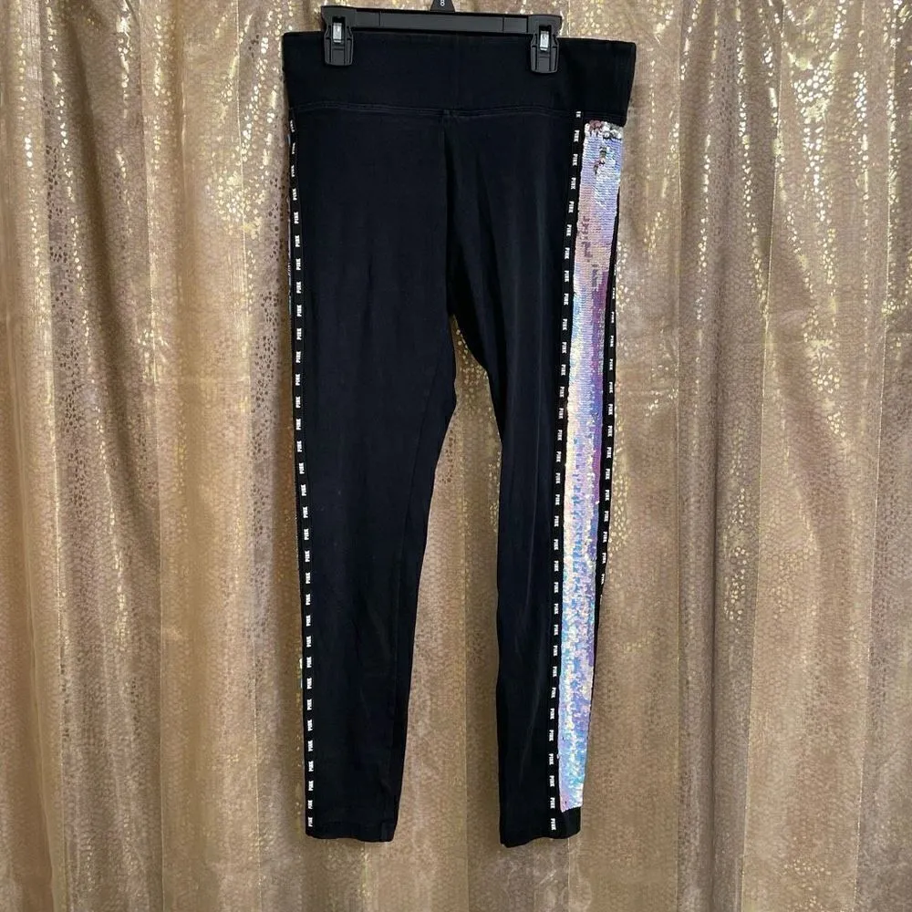 PINK Victoria’s Secret Mermaid Flip Sequin Bling Black Yoga Leggings, Medium - Image 2