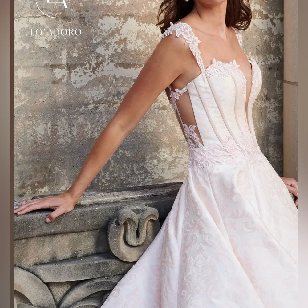 LO’ ADORO Nude Blush Corset Bodice Brocade Elegant Lace Wedding Dress Size 12 - Image 10