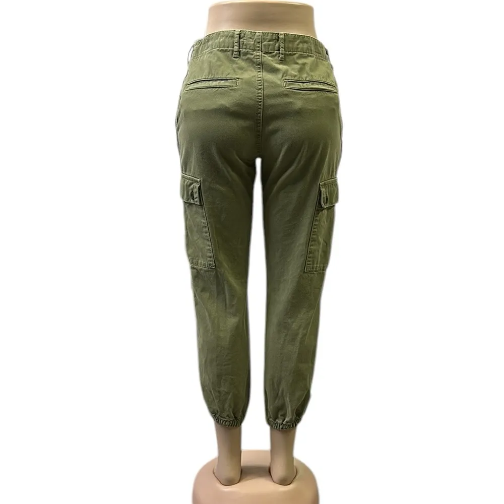 Zara Forest Green Khaki Button Cargo High Rise Jogger Hiking Pants Womens 4 - Image 4