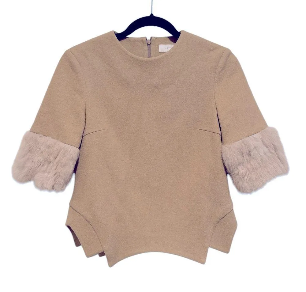 MIGNON DOO DESIGNER WOOL CROPPED RABBIT FUR CAMEL TAN CUFF TOP XS - Image 2