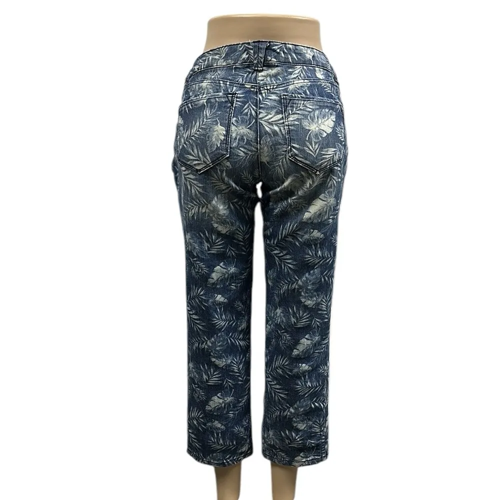 Democracy Denim Cropped Tropical Leaf Palm Print Mid Rise Blue Jeans Womens 8 - Image 6