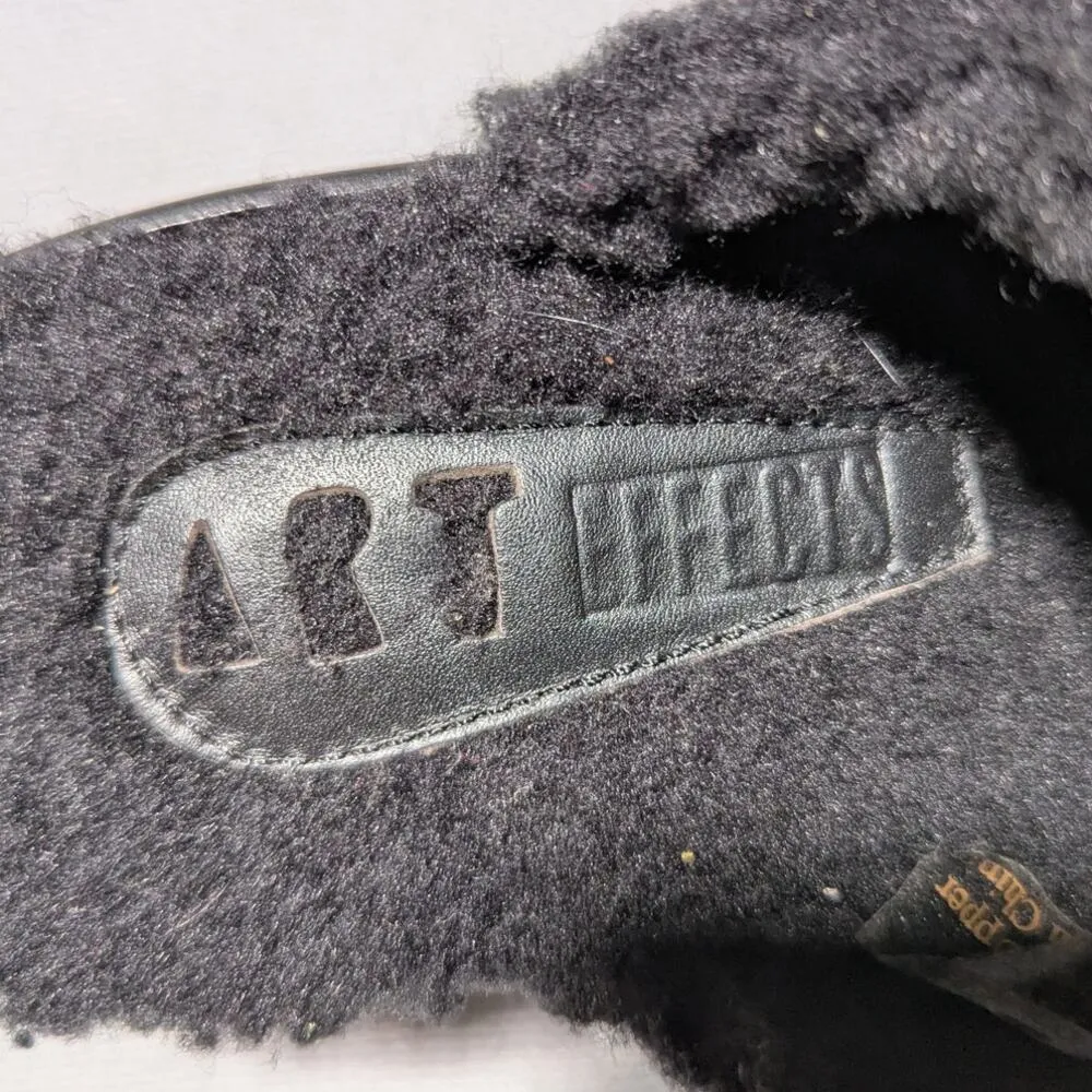 Vtg Y2K Art Effects Black Leather Floral Embroidered Faux Shearling Lined Clog 9 - Image 4