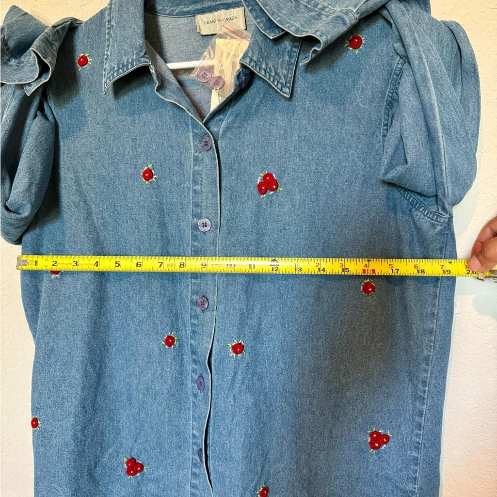 LEMON GRASS Vintage Women Shirt Retro Denim Button Down with Red Accents M Blue Size M - Image 7