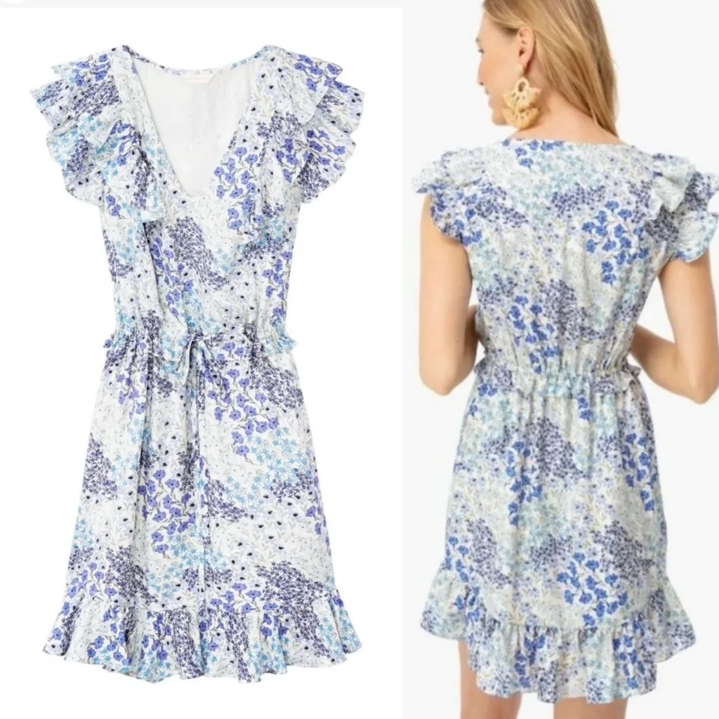 Rebecca Taylor 100% Silk Blue Purple Floral Ruffle Sleeve Dress Tie Waist 6 - Image 2