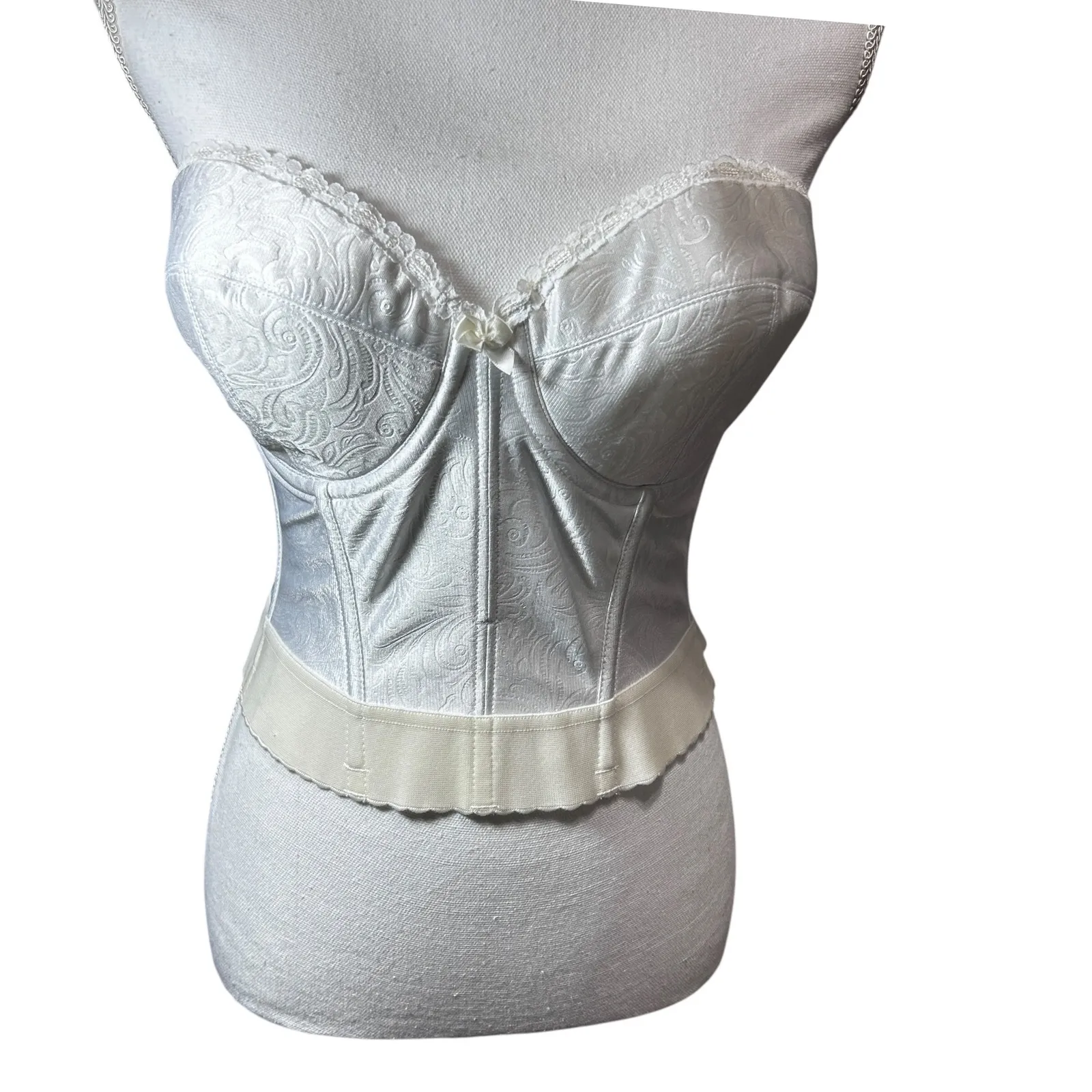 VTG Cabernet Bustier Corset 36D Ivory Bridal Lingerie‎ Satin Jacquard Lace Retro White Size undefined - Image 5