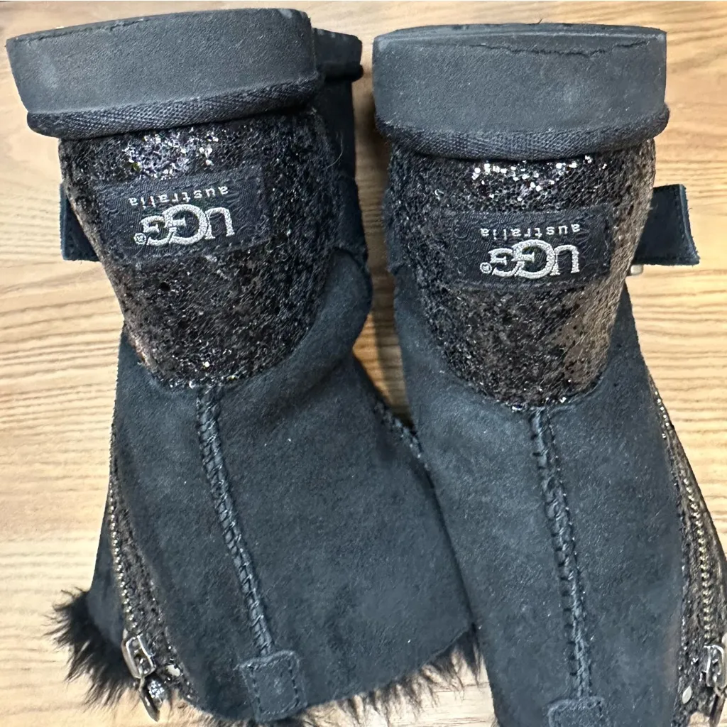 UGG Blaise Glitter Moto Sheepskin Black Suede Winter Boots Zipper Buckle Detail - Image 6