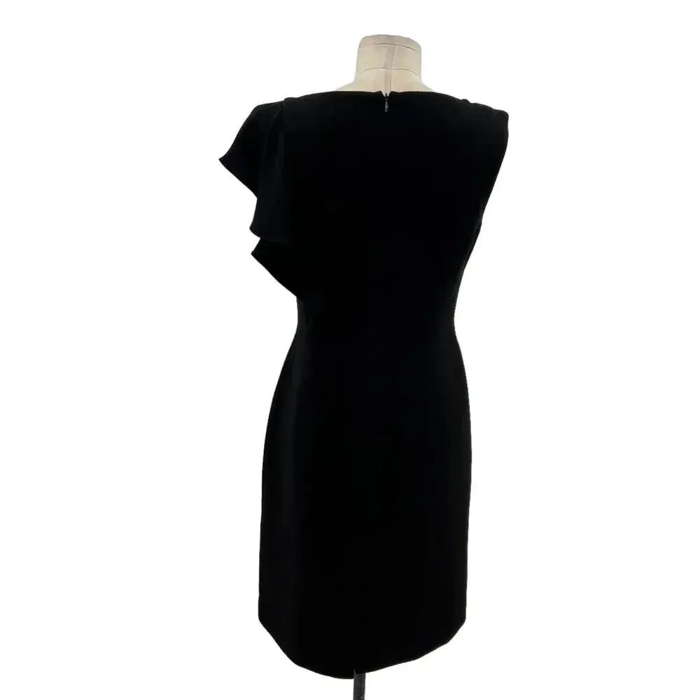 Rickie Freeman‎ for Teri Jon Black Asymmetric Ruffle Sleeve Sheath Dress Size 6 - Image 6