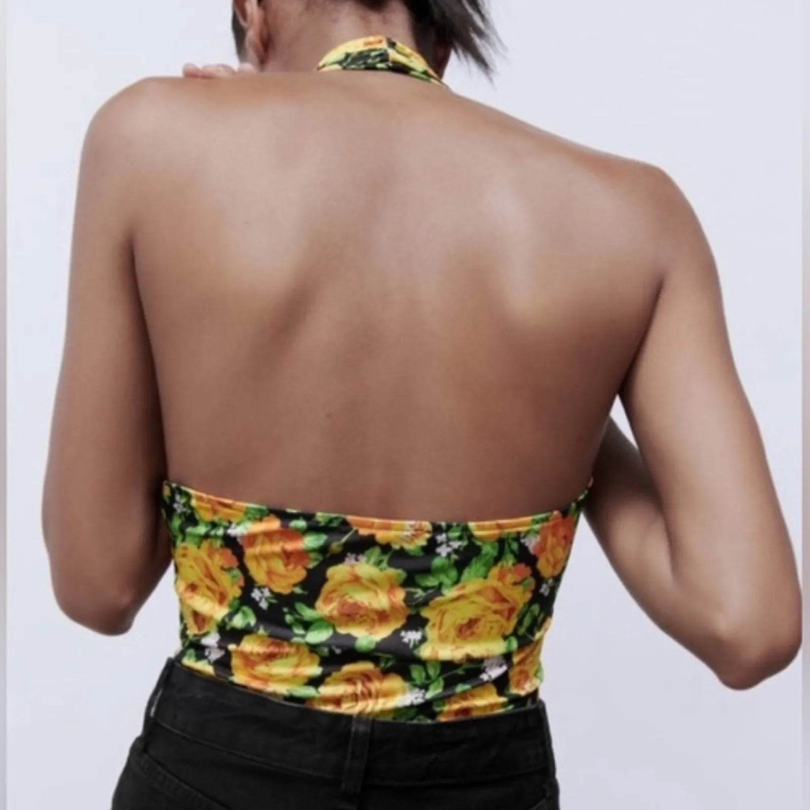 NWT Zara Bodysuit Womens L Yellow Floral Halter Neck Backless Boho Feminine - Image 2