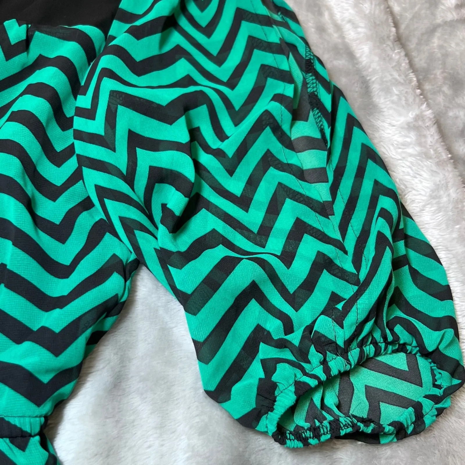 Enfocus Midi Dress Womens 6P Petites Black Teal Chevron Print Slit Sleeve Boho - Image 7