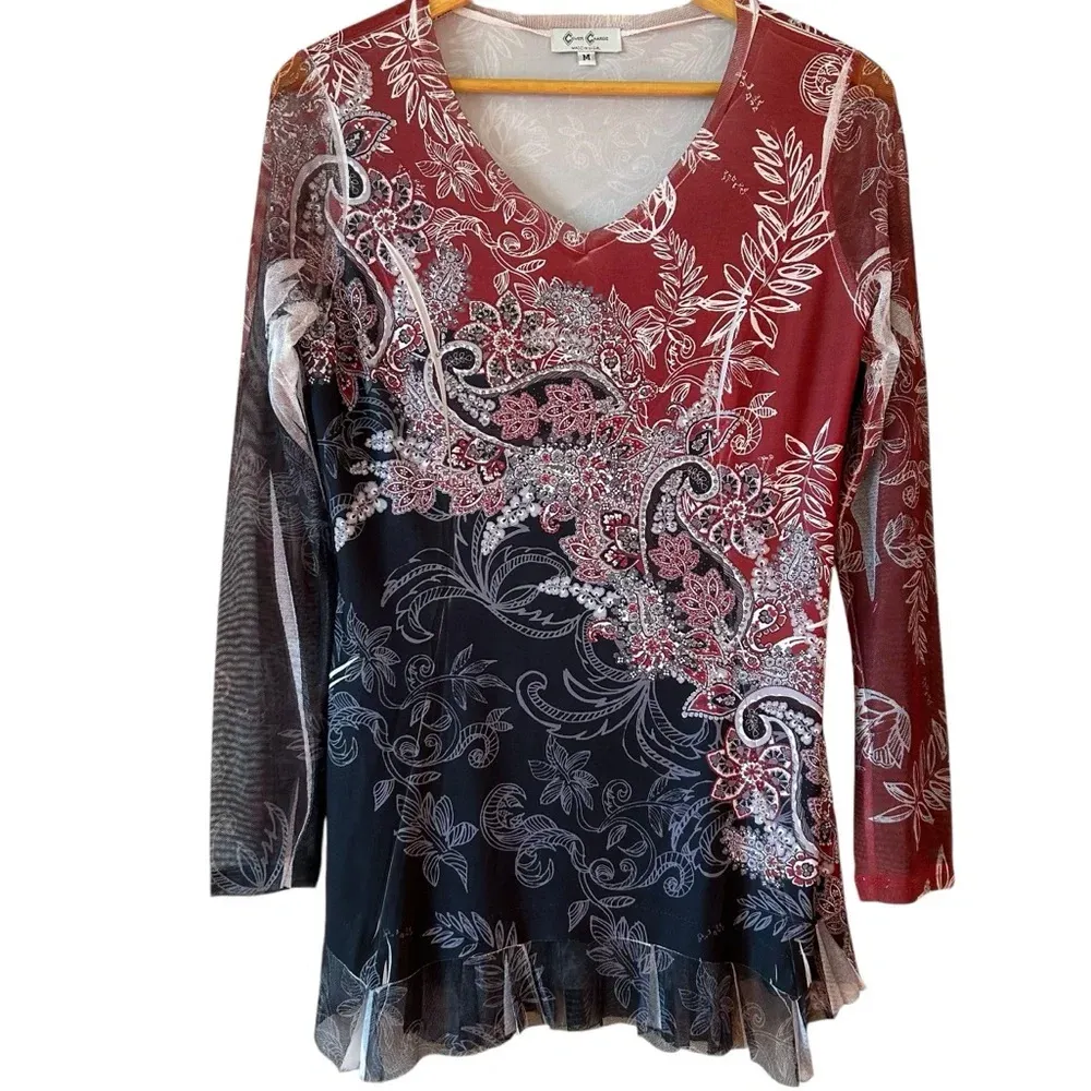 Vintage Y2K Women’s Paisley Mesh Goth‎ Romantic Grunge Rhinestone Sheer Torn Raw Black Size M - Image 2