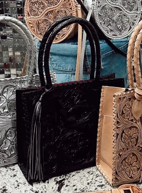 Que Chula Marcos Black Leather Handmade Woven XL Tote Purse Braid Tooled Mexico - Image 2