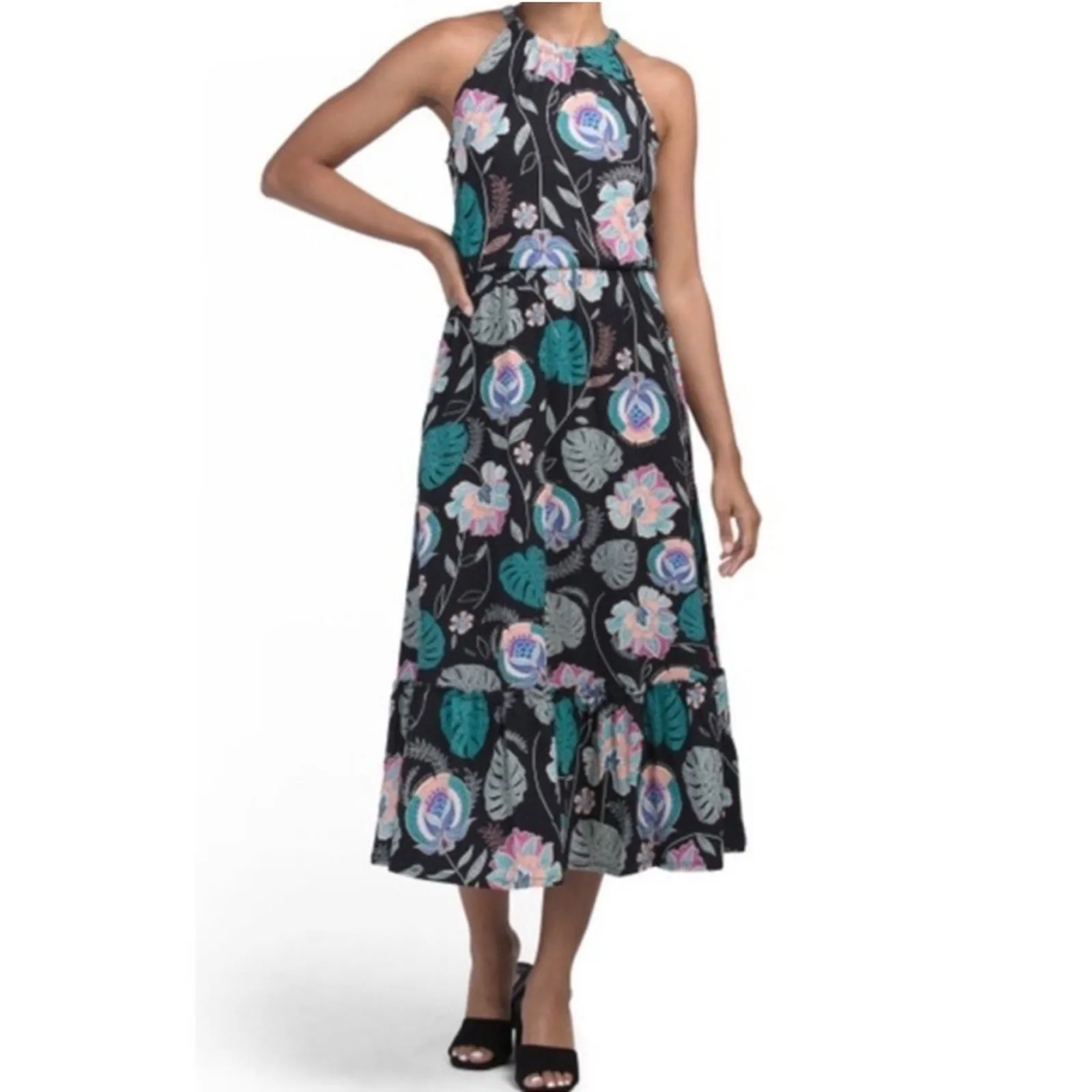 Cynthia Rowley Black Tropical Leaf Floral Soft Midi Dress XS/ S Retro w Pockets - Image 12