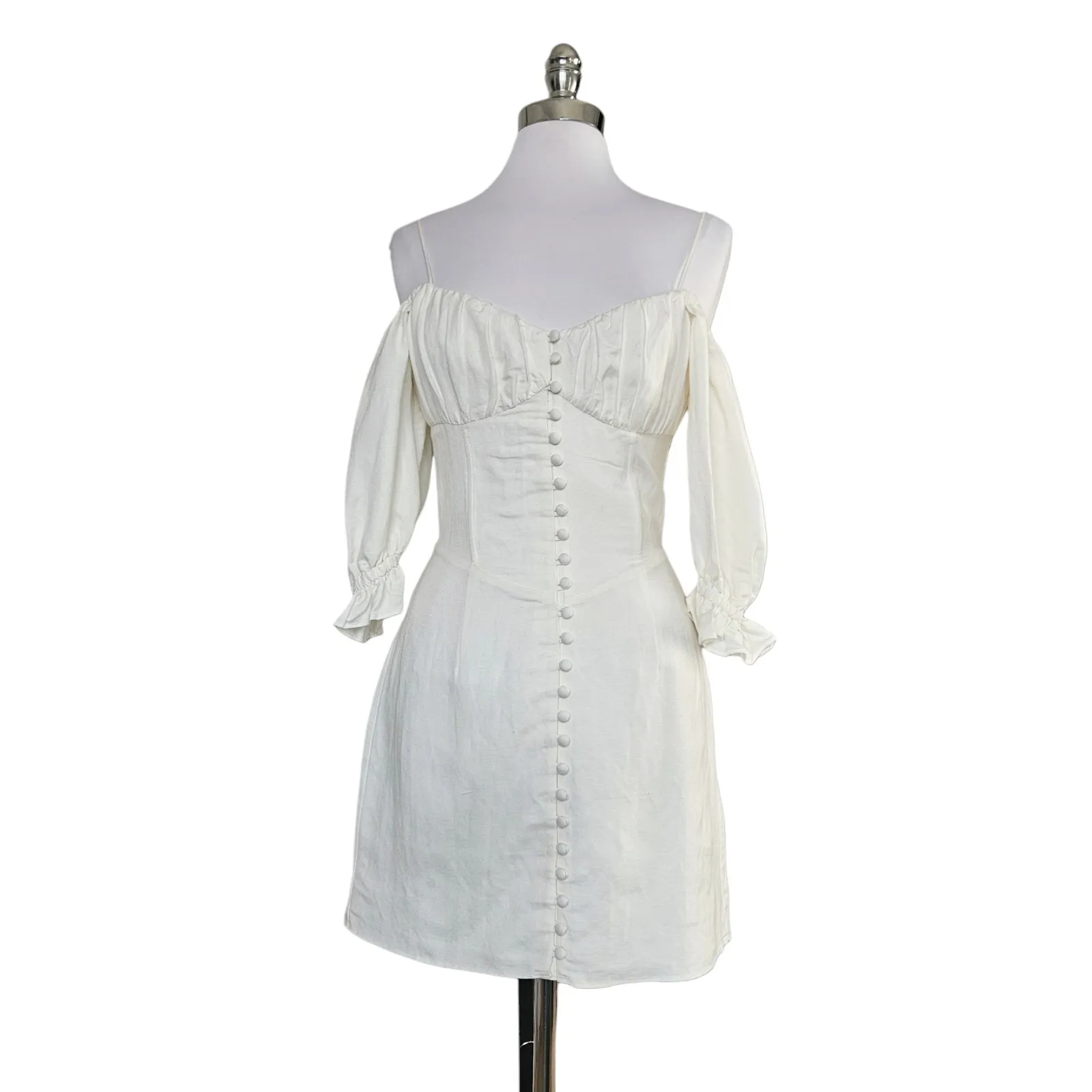 SABO Blanca Mini Dress Off Shoulder Puff Sleeve Linen Blend White Womens Size S - Image 4