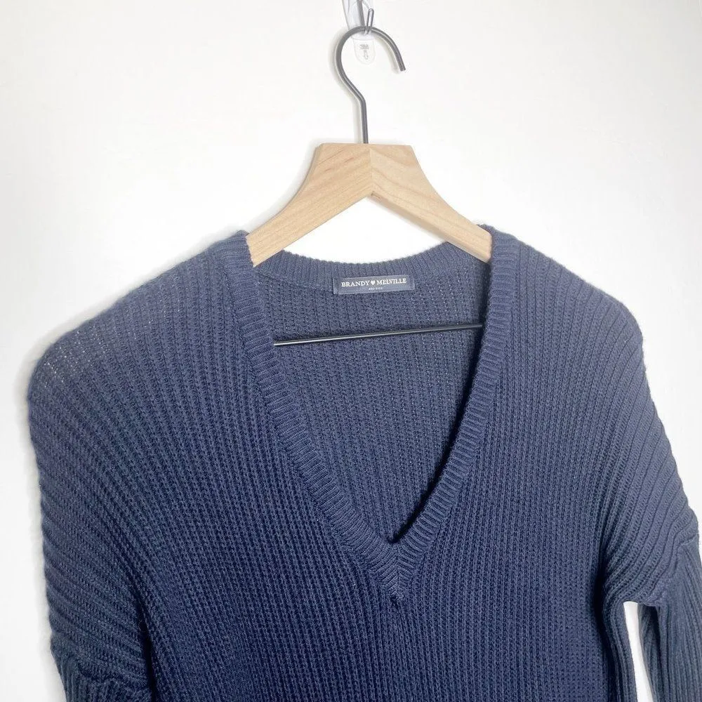 Brandy Melville Ribbed Knit V Neck Pullover Sweater Cotton Navy Blue - Image 2