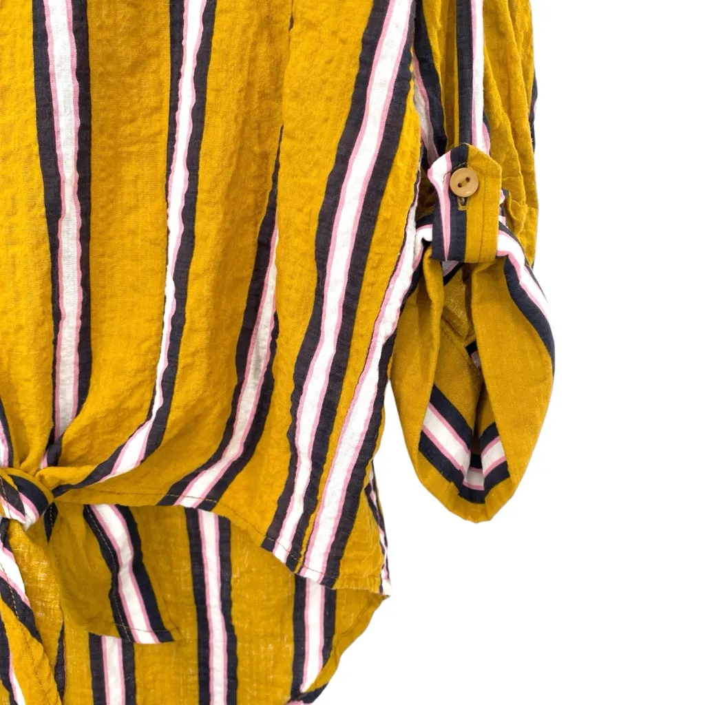 The Impeccable Pig Yellow Gold Stripe Crinkle Button Down Tie Waist Shirt - Image 2