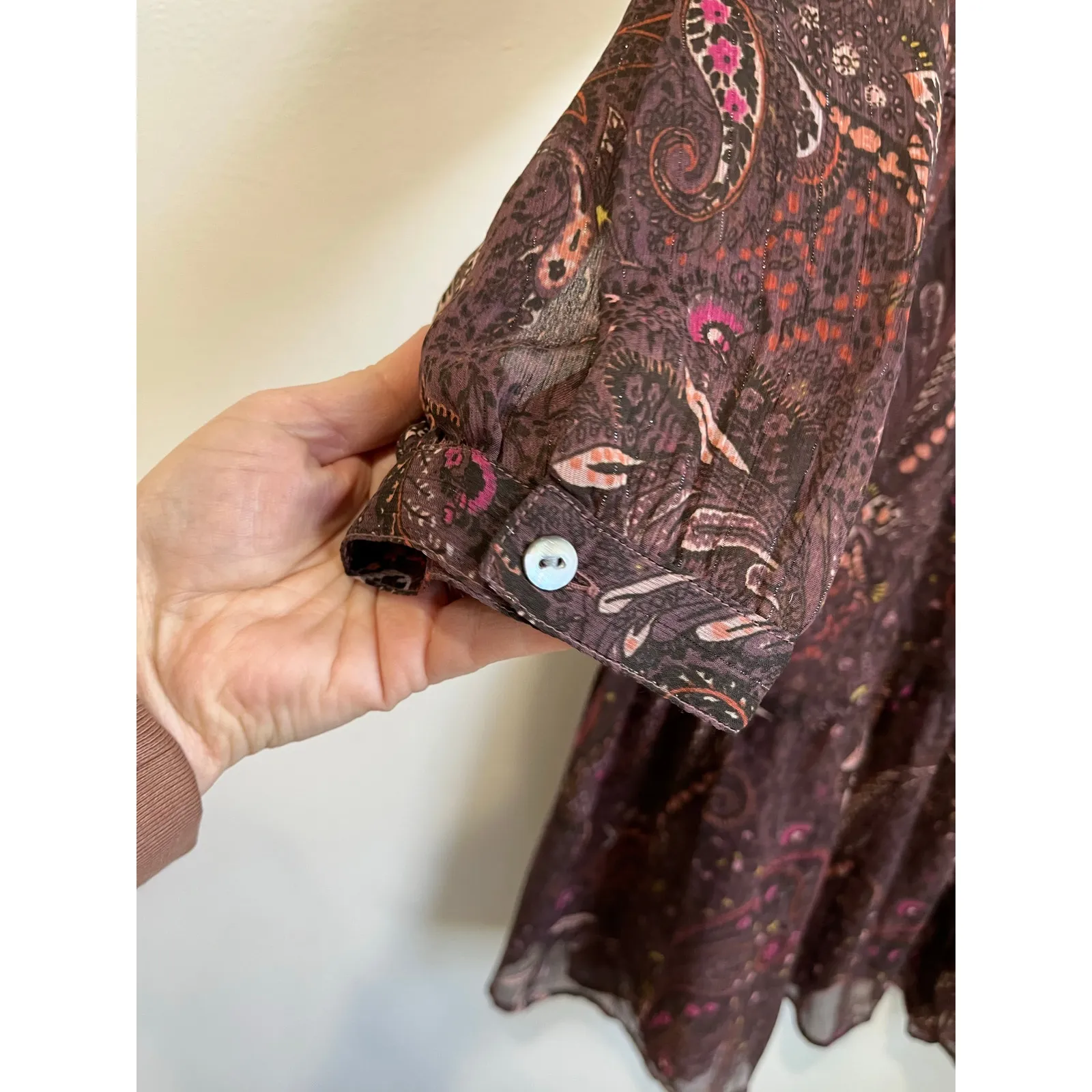 Lucky Brand Brown Paisley Babydoll Dress Boho Long Sleeve Size L - Image 4
