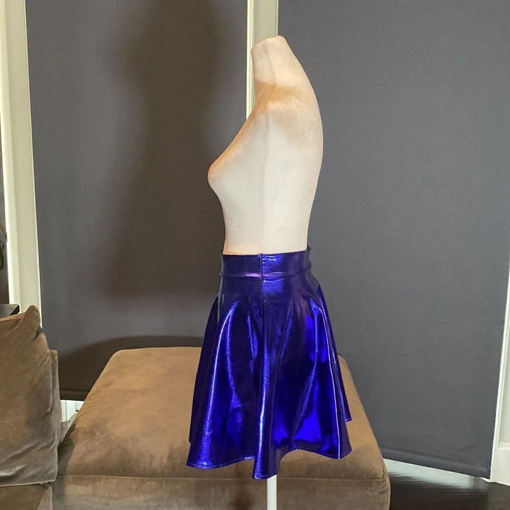 Women’s Shiny Blue Metallic Looking Flared Mini Skirt Size S - Image 5