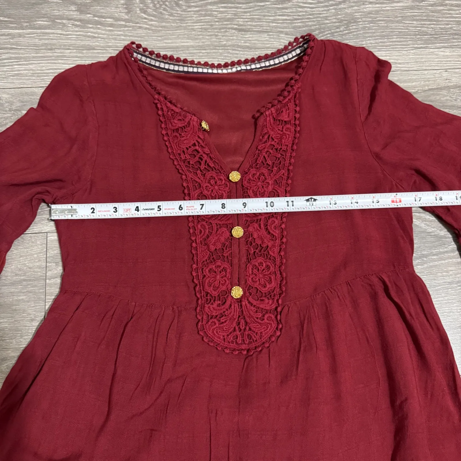 Knox Rose Women Burgundy Lace Front Bell Sleeve Boho Peasant Cottagecore Dress M - Image 11