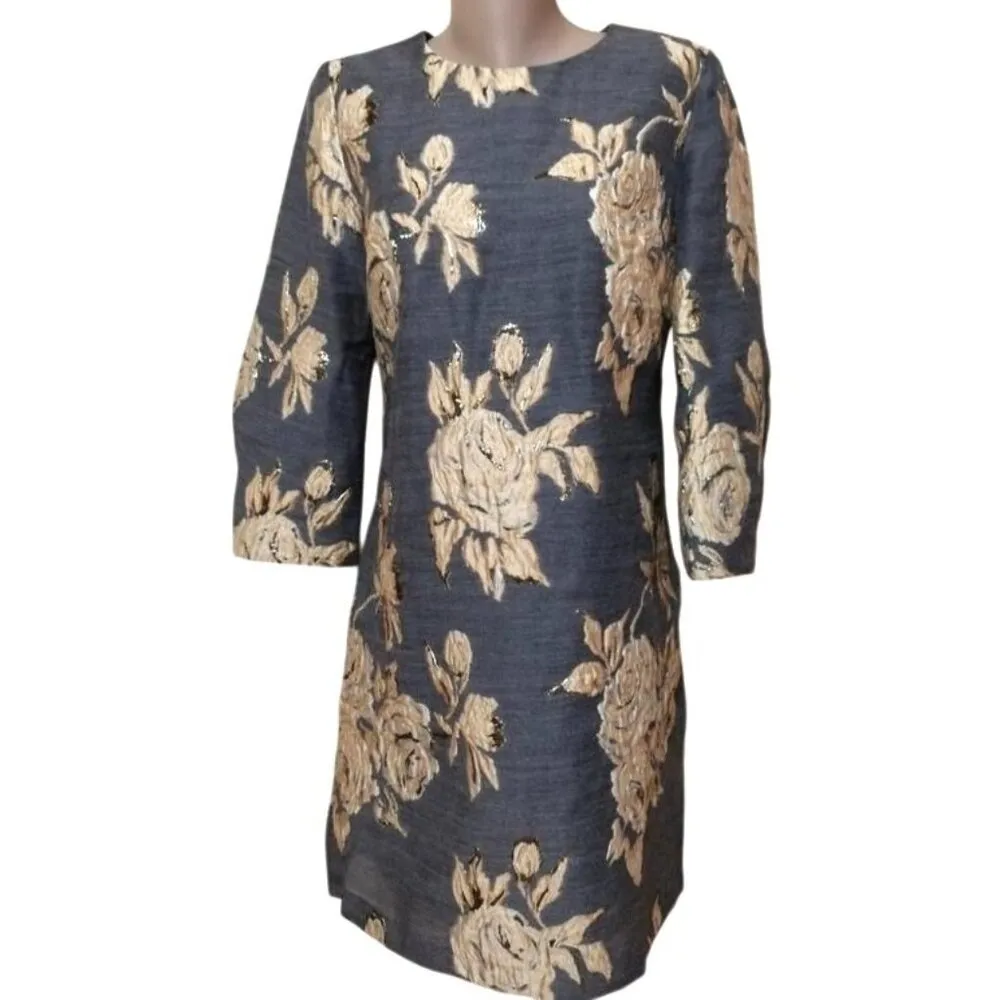 Irene Klarie Floral Embroidered Shift Dress Size UK42 US 8 M Gray Jacquard Gold - Image 6