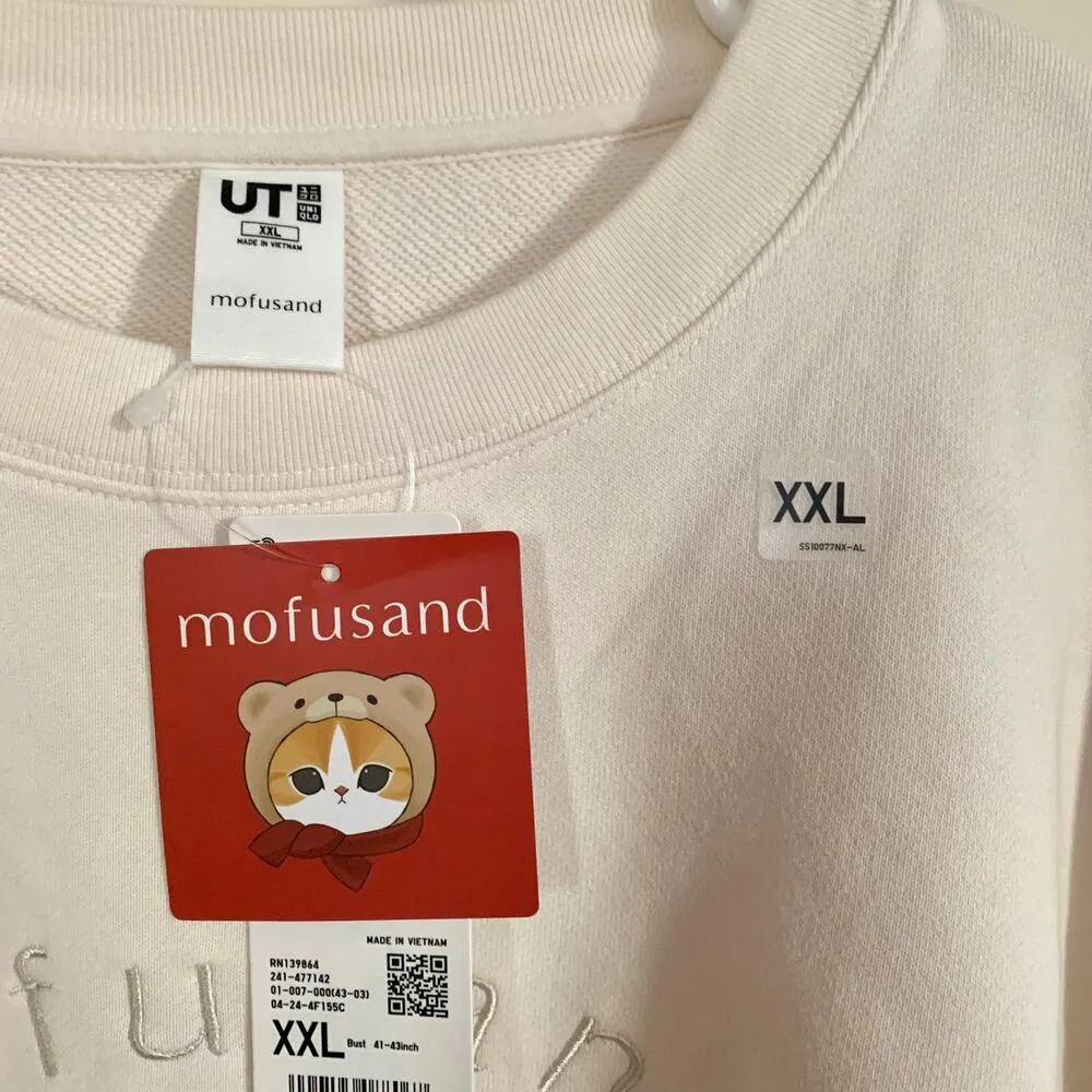 Mofusand x Uniqlo Collab Teddy Meow Printed Embroidered Sweatshirt Off White XXL Tan - Image 6