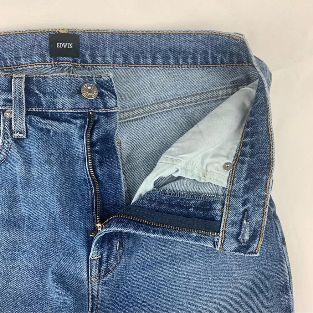 Edwin women's size 29 denim jeans raw hem crop straight leg usa Blue - Image 6