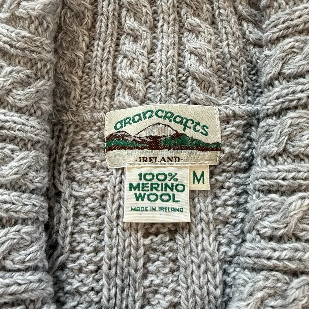 Aran Crafts Gray Wool 3/4 Sleeve Pockets Button Up Cable Cardigan Sweater MEDIUM - Image 13