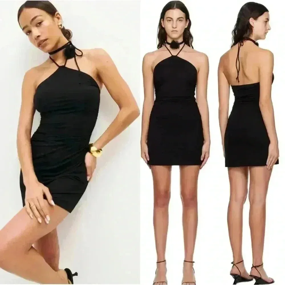 Reformation Amalia Knit Mini Dress Black Open Back Halter Neck Size L - Image 3