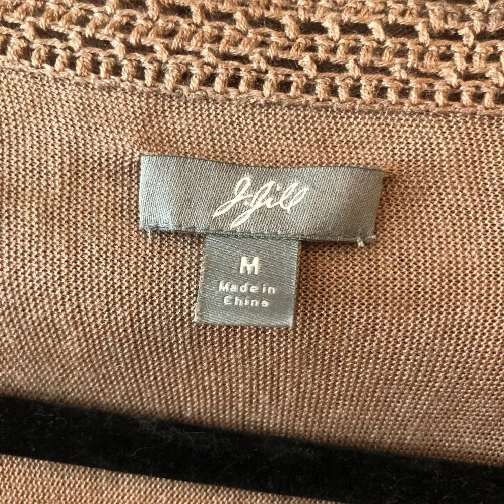 J Jill Beige Boho Cardigan Thin Knit Crochet Trim Tussah Silk Cotton Blend M - Image 3