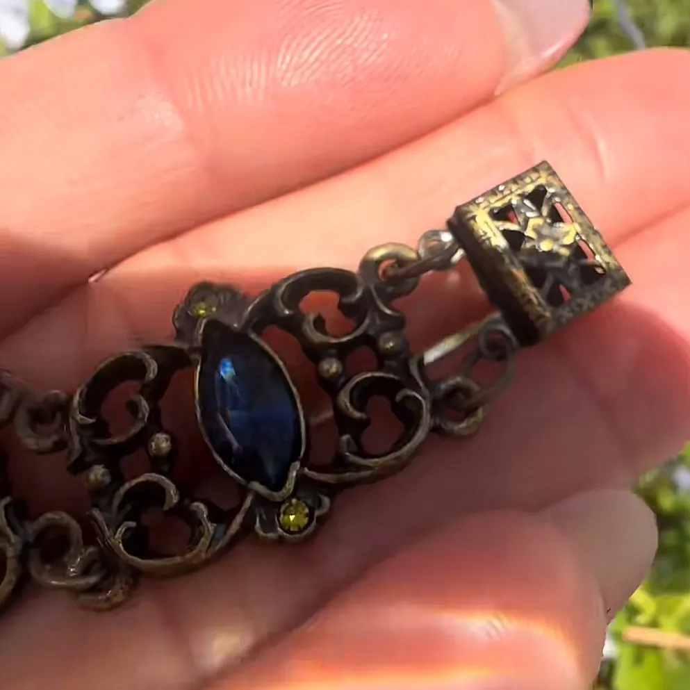 Antique Victorian–Edwardian Filigree Bracelet Bohemian Glass. - Image 4