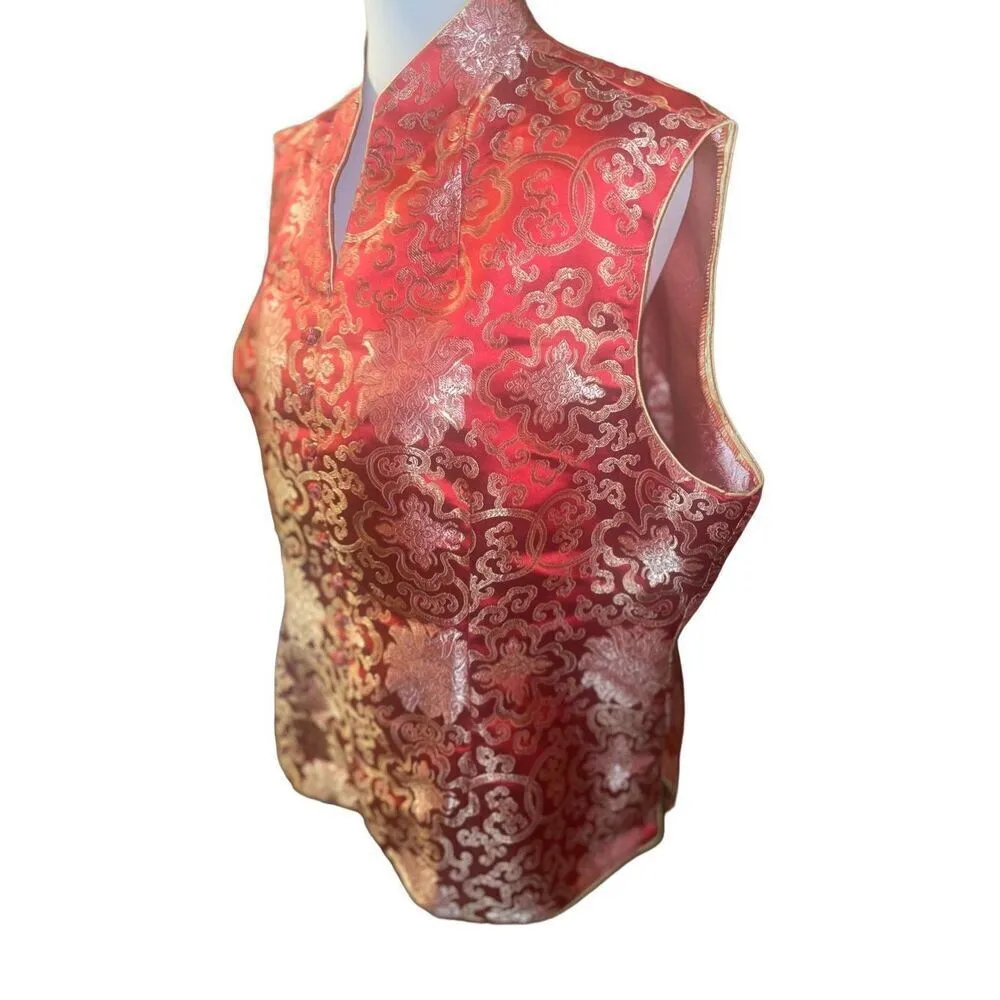 Asian Red and Gold Vintage 100% Silk Sleeveless Vest Size XXL - Image 6
