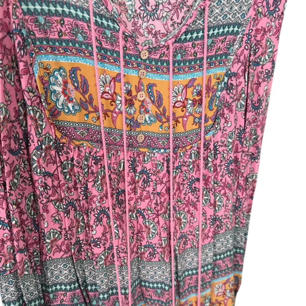 Bohemian Pink, Blue & Mustard Floral Keyhole Blouse w Bubble Sleeves + Tassels - Image 3