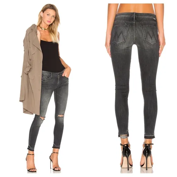 MOTHER Undone Hem The Looker Ankle Skinny Jeans Black Stealing Shadows Size 26 - Image 2