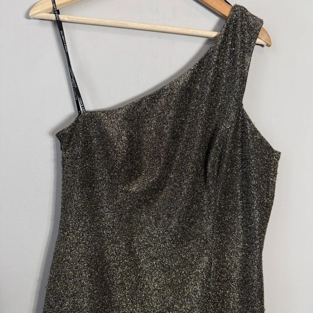 Vince Camuto One Shoulder Glitter Knee Length Dress Womens 12 Gold Slit Cocktail - Image 8