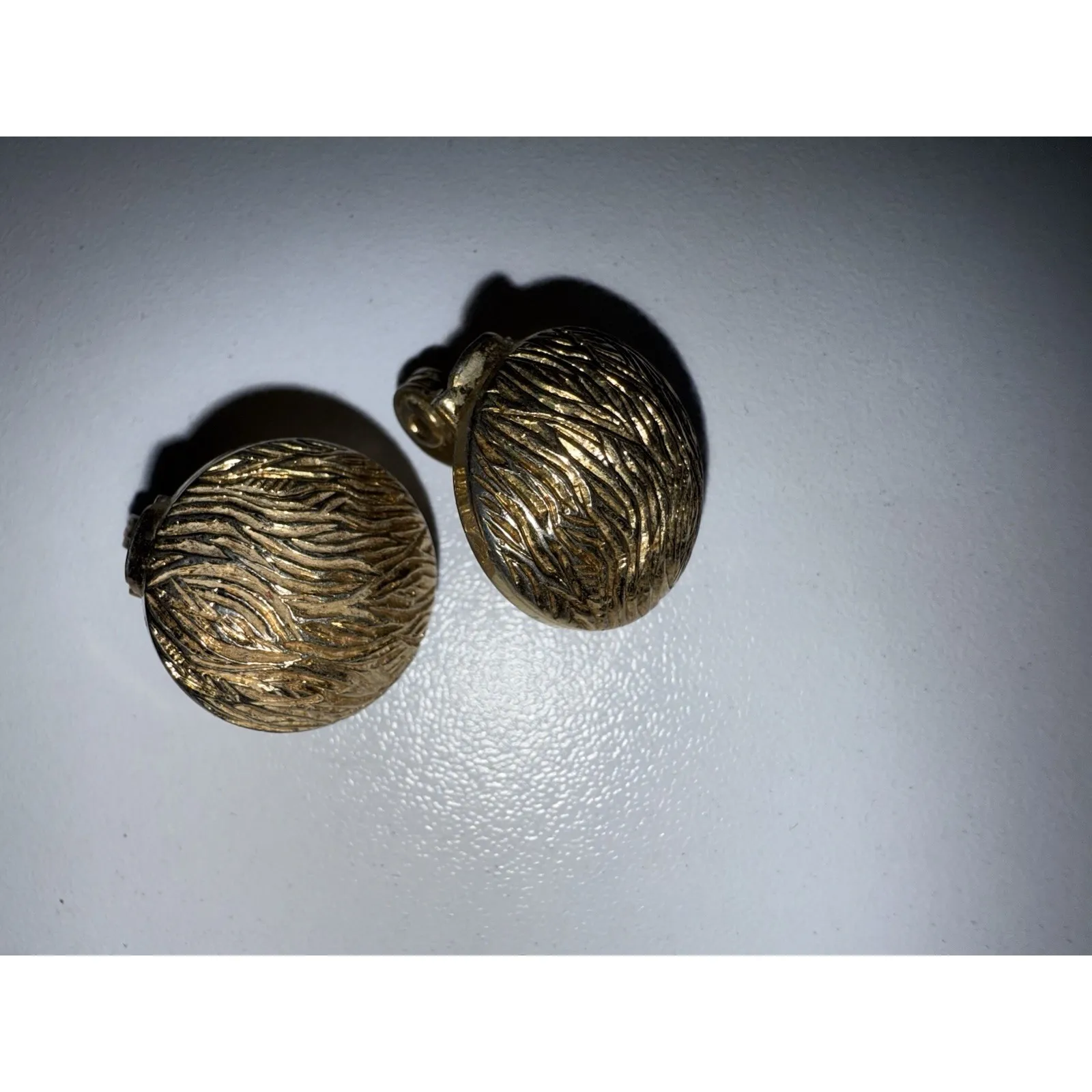 Vintage Monet Signed Textured Gold Tone Domed Clip‎ On Earrings Zebra Brushed - Image 2