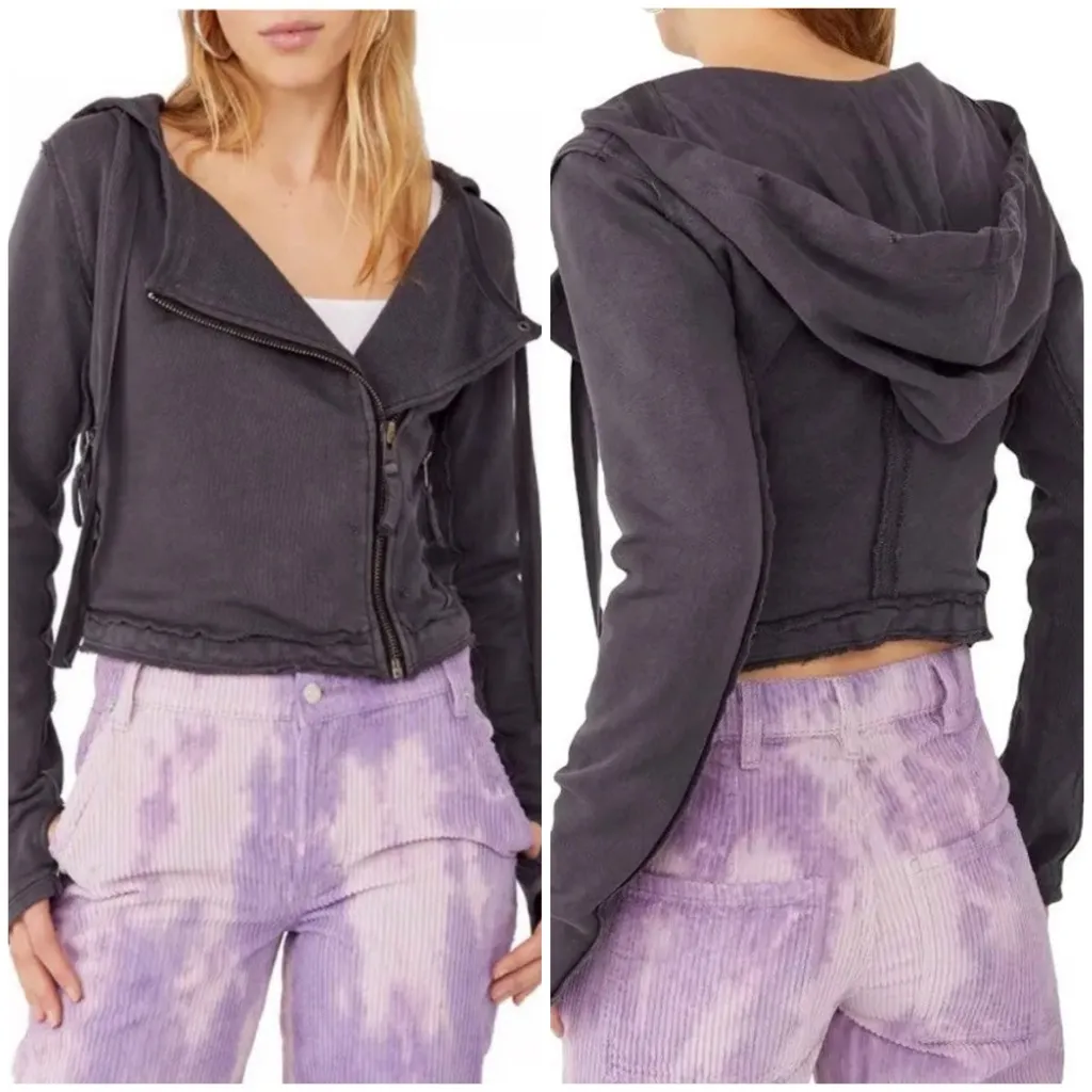 Free People We The Free Moto Hoodie Jacket Dark Gray Cropped Grunge Distressed S - Image 2