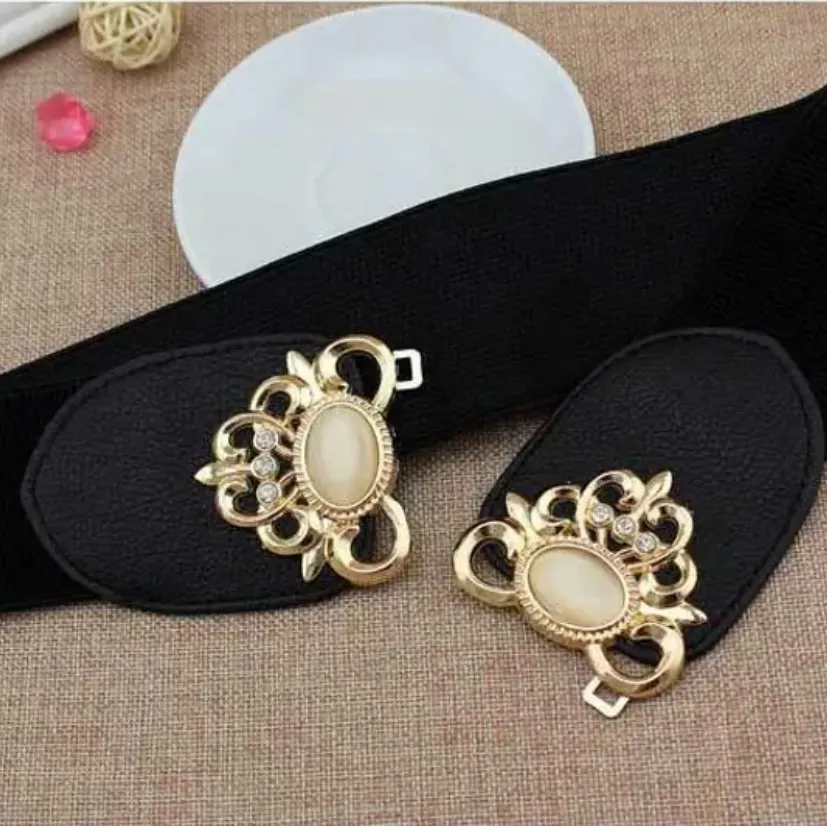 Golden Double Buckle‎ Black Waspie Belt Stretchy Elastic Accentuating Waist Band - Image 12