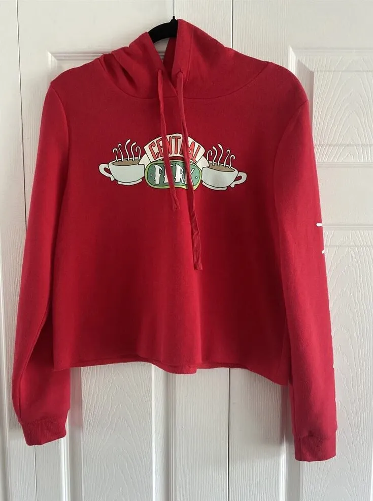 FRIENDS Women's Large Red Central Perk Graphic Pullover Crop Hoodie Cozy - Image 1