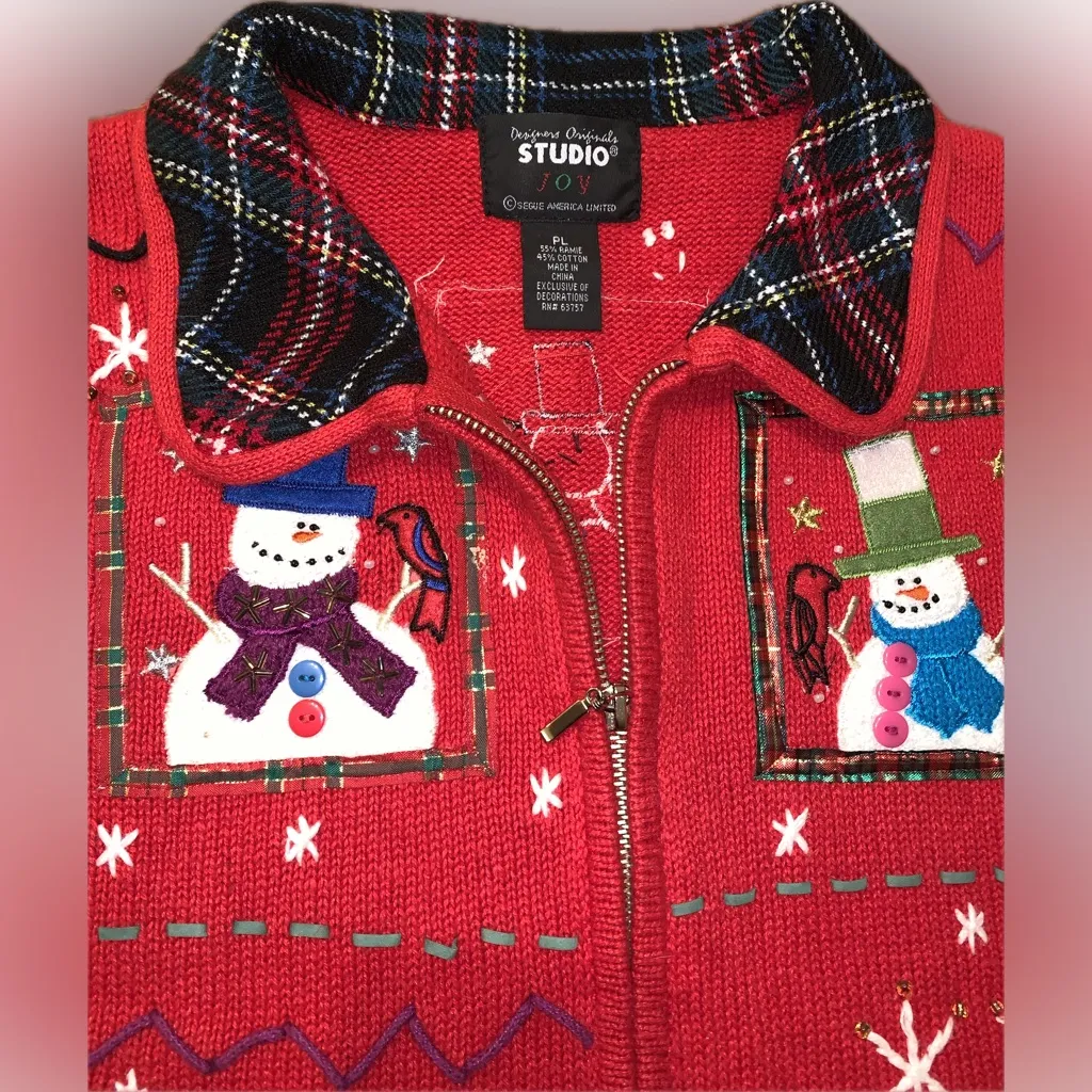 Vintage Festive Red Snowman Christmas Beaded Embroidered Knit Funky Zip Vest PL Size undefined - Image 6