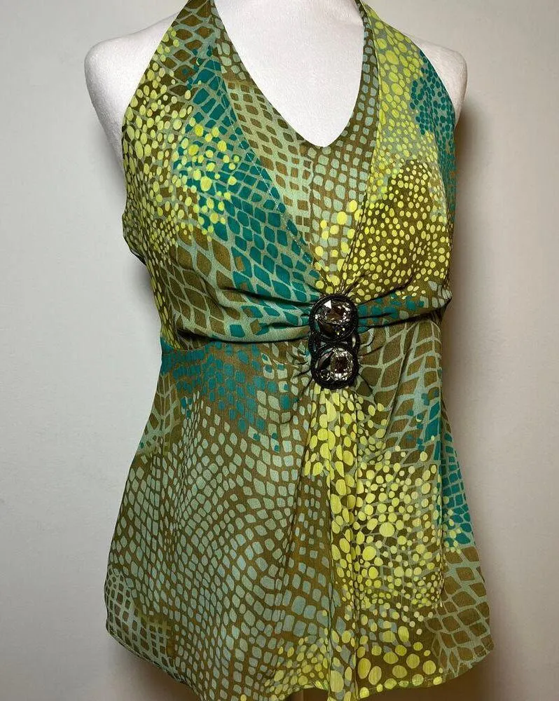Vintage Y2K Halter Top Green Blue Yellow Brown Size 10 Boho Fairy Jewel Gem Tank - Image 5