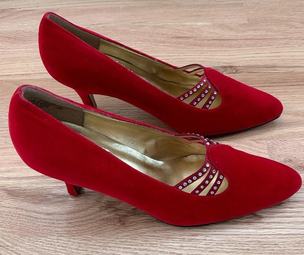 Vintage The PM Collection by 925 ~ Red Velvet Dress Pumps Jeweled ~ Size 9.5 - Image 12